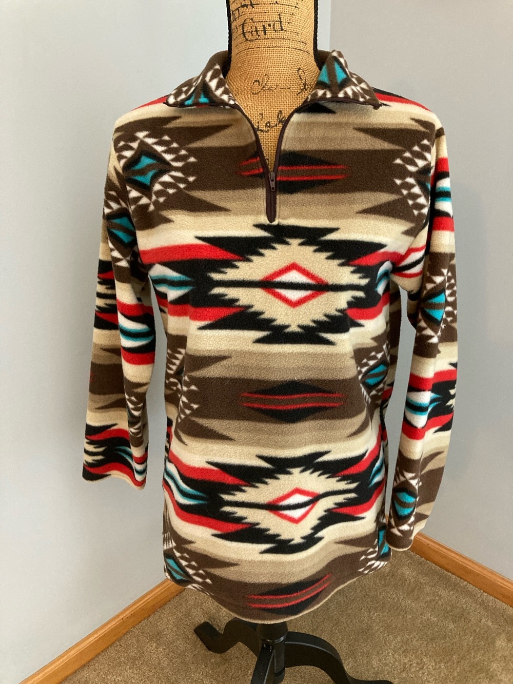 GTRs Boutique Brown Cream Red & Turquoise Aztec Quarter-Zip Pullover Unisex Sz S